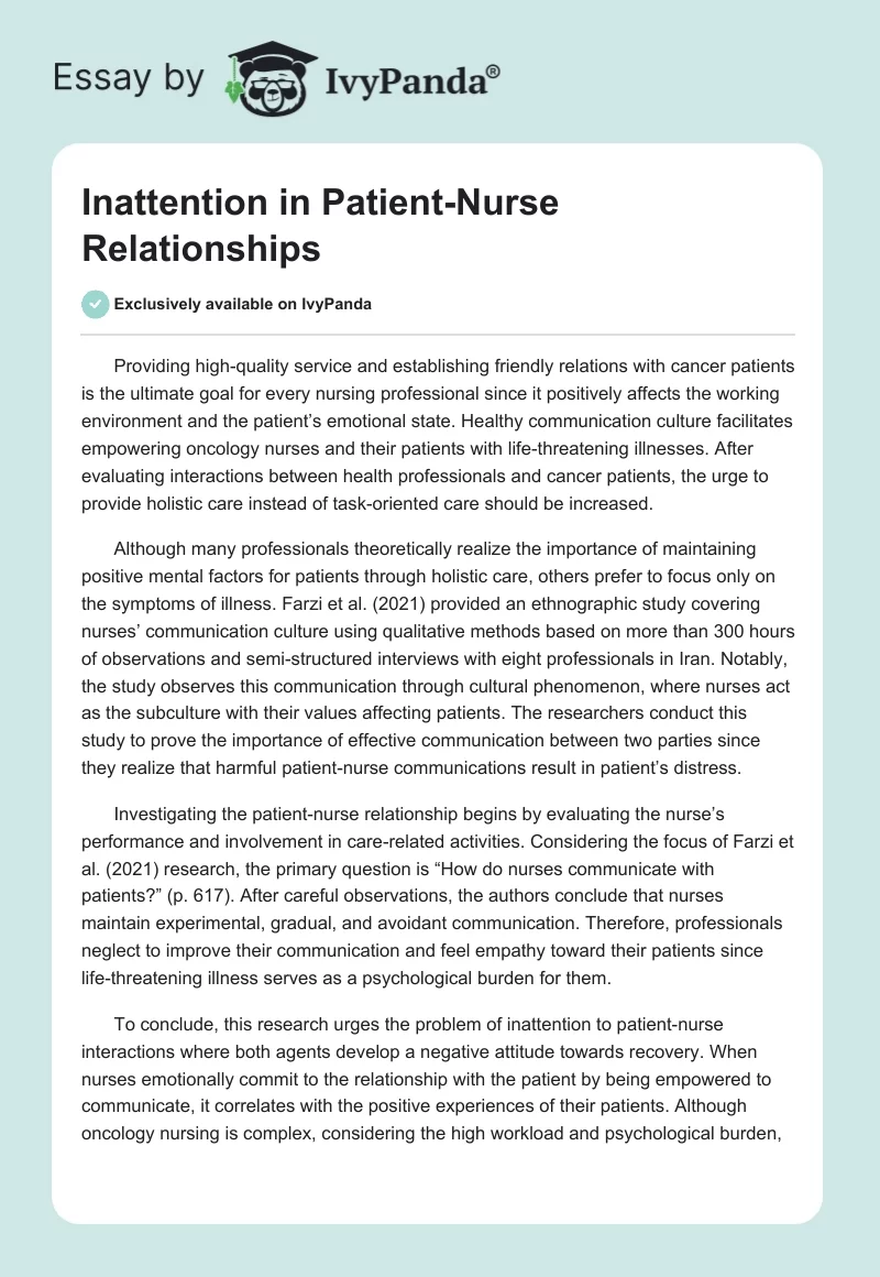 Inattention in Patient-Nurse Relationships. Page 1