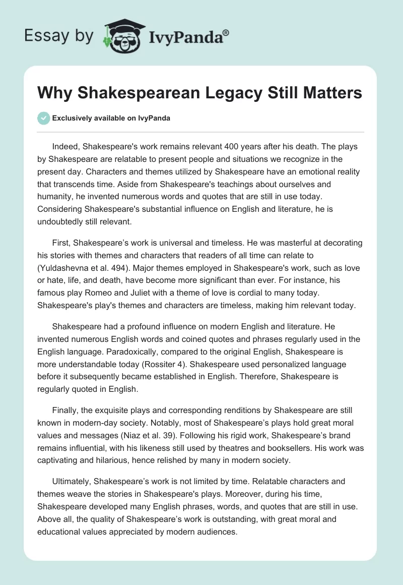 Why Shakespearean Legacy Still Matters. Page 1