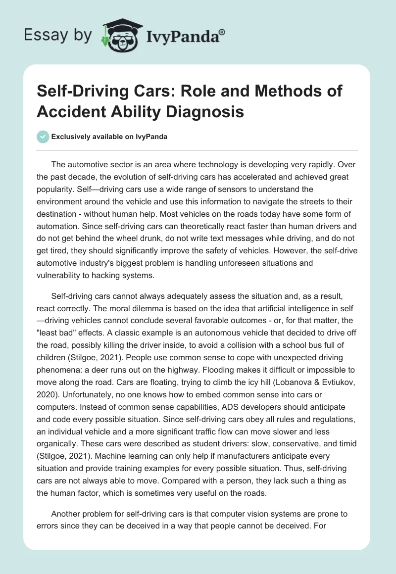 Self-Driving Cars: Role and Methods of Accident Ability Diagnosis. Page 1