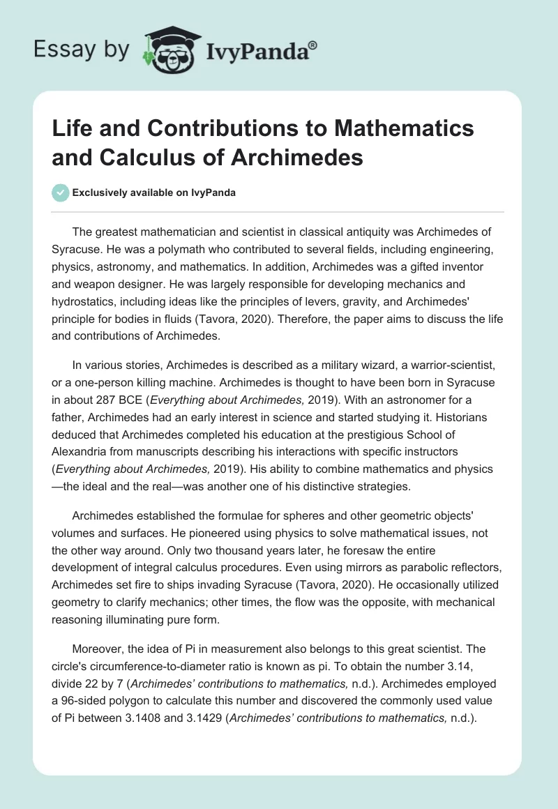 Life and Contributions to Mathematics and Calculus of Archimedes. Page 1