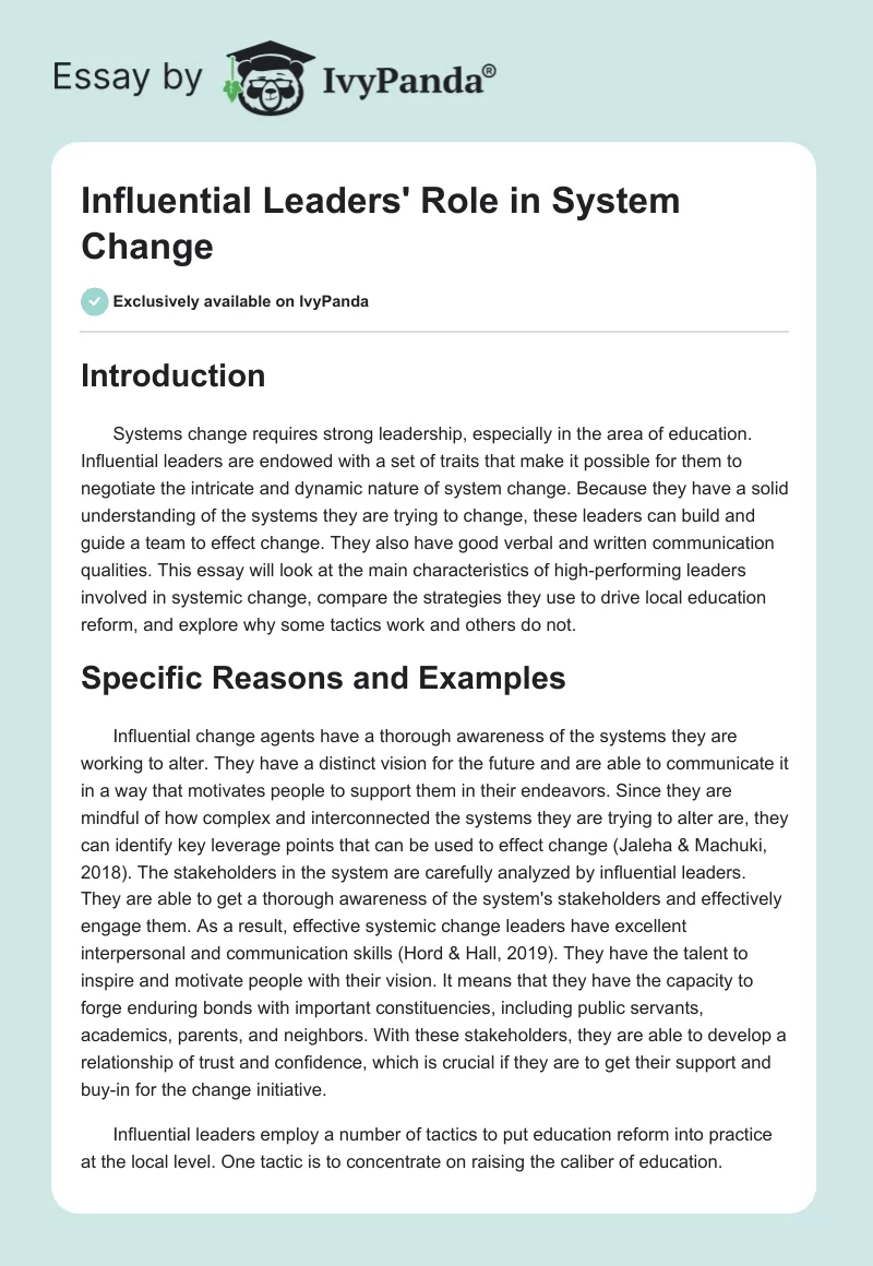 Influential Leaders' Role in System Change. Page 1