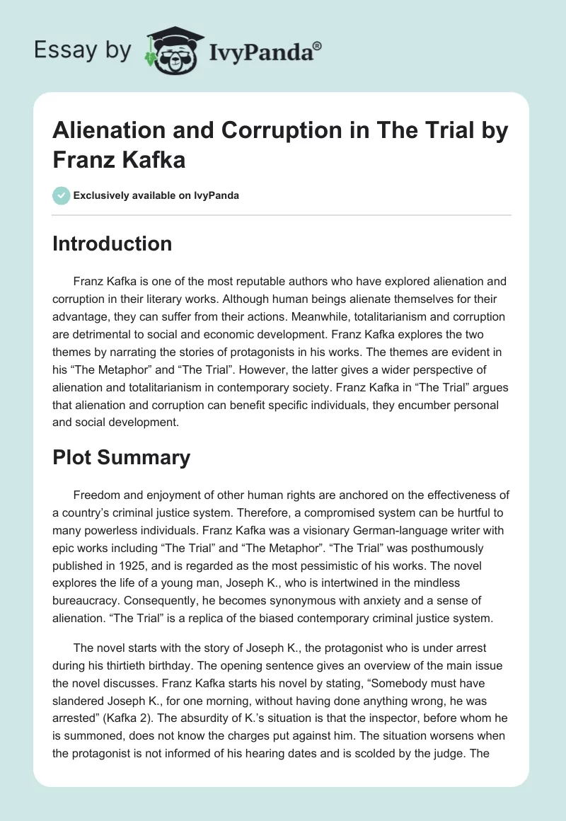 Alienation and Corruption in "The Trial" by Franz Kafka. Page 1