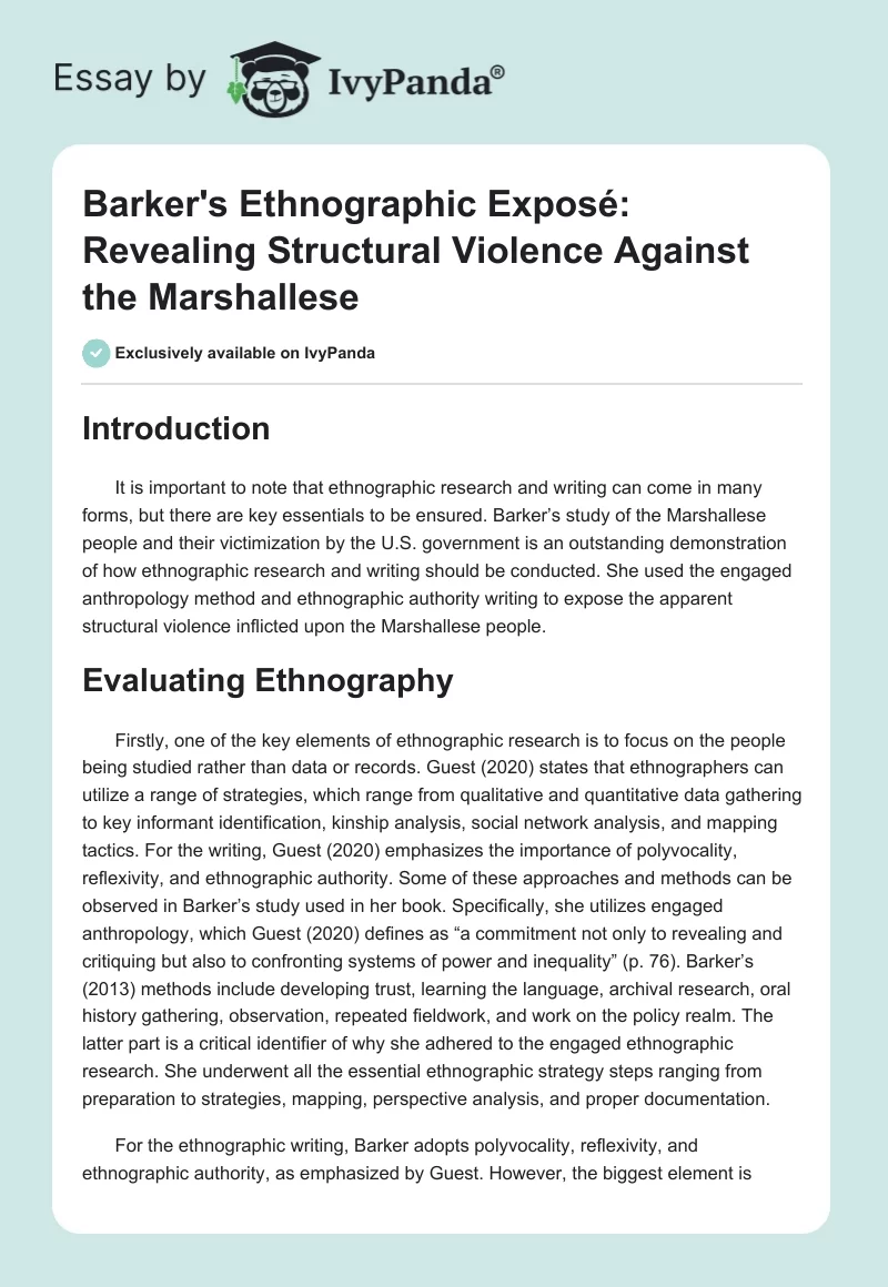 Barker's Ethnographic Exposé: Revealing Structural Violence Against the Marshallese. Page 1