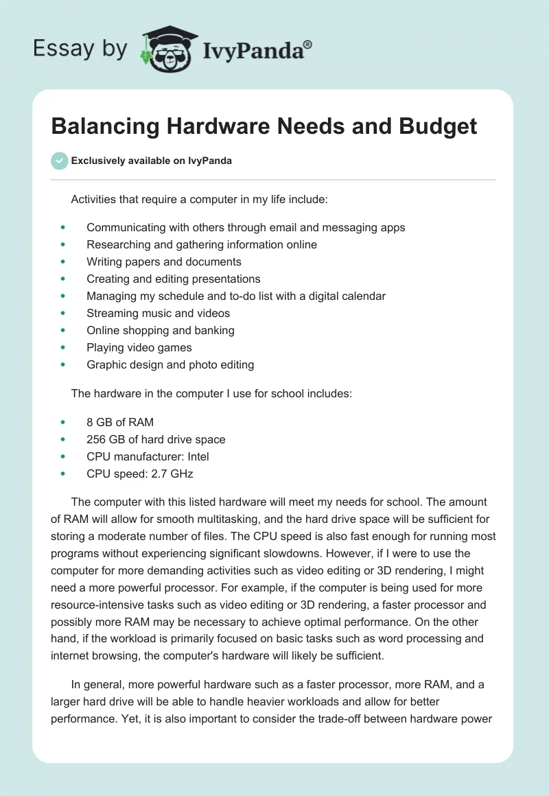 Balancing Hardware Needs and Budget. Page 1