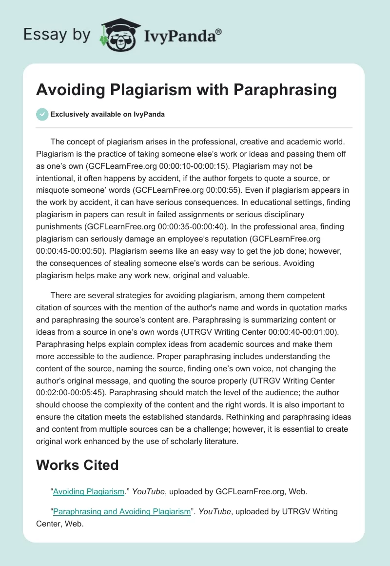 Avoiding Plagiarism With Paraphrasing. Page 1