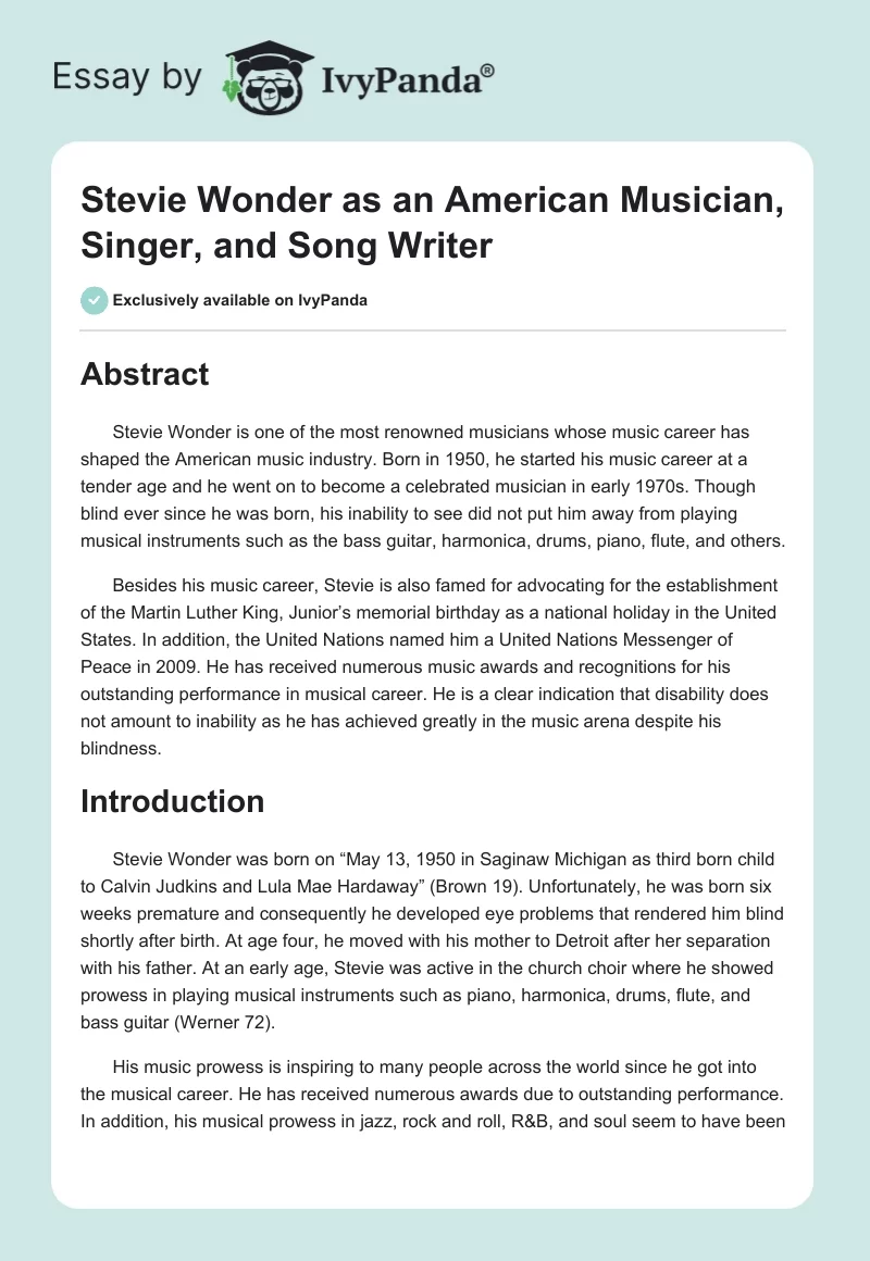 Stevie Wonder as an American Musician, Singer, and Song Writer. Page 1