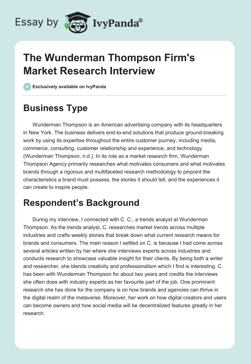 The Wunderman Thompson Firm's Market Research Interview. Page 1