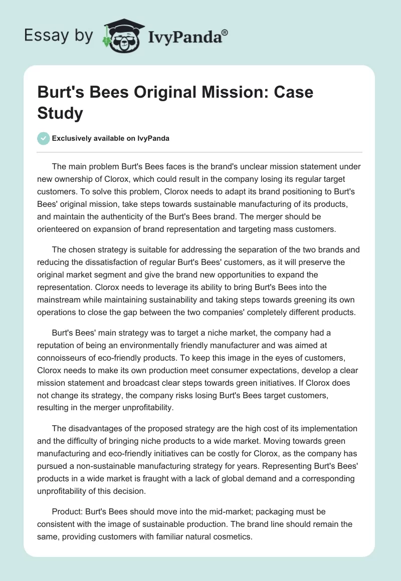 Burt's Bees Original Mission: Case Study. Page 1