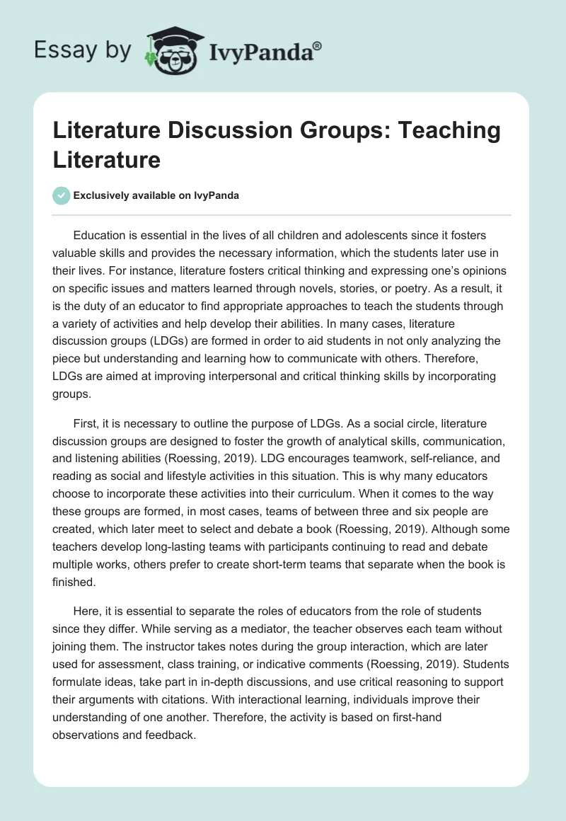 Literature Discussion Groups: Teaching Literature. Page 1