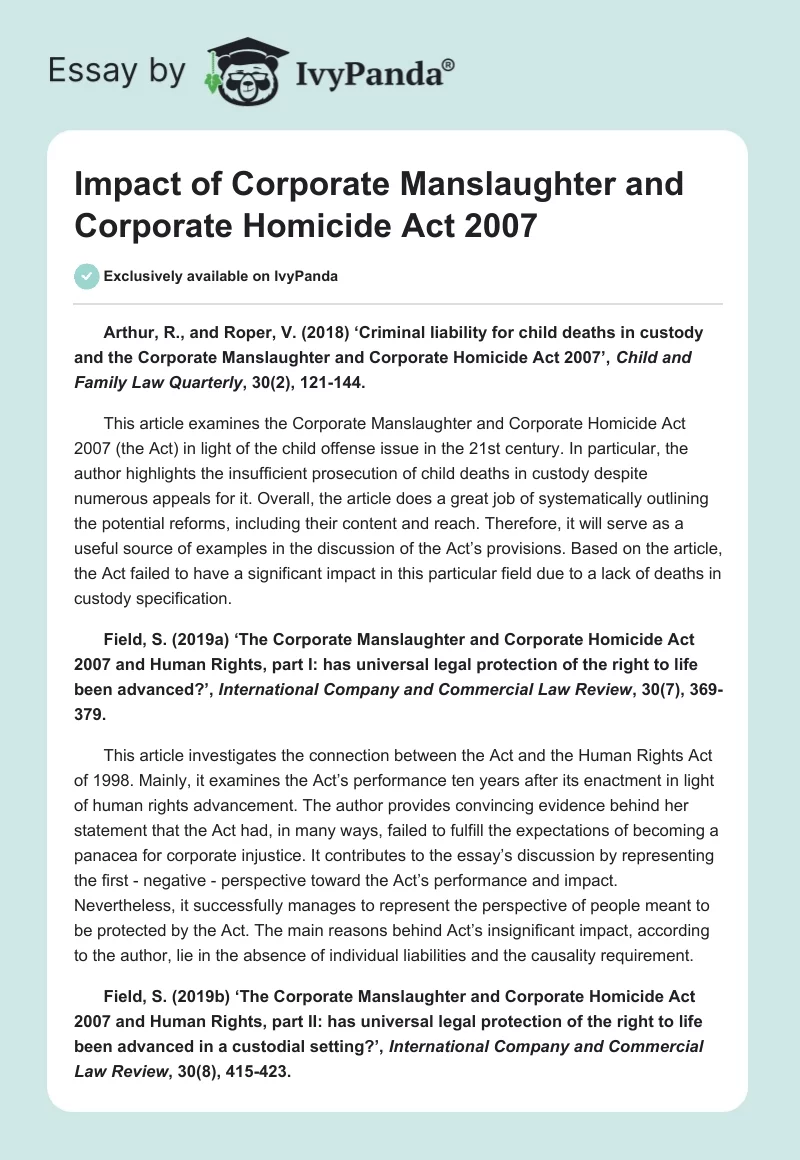 Impact of Corporate Manslaughter and Corporate Homicide Act 2007. Page 1