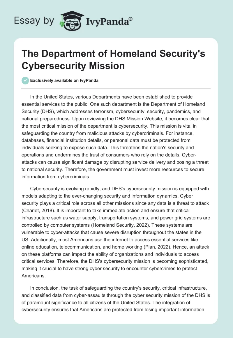 The Department of Homeland Security's Cybersecurity Mission. Page 1