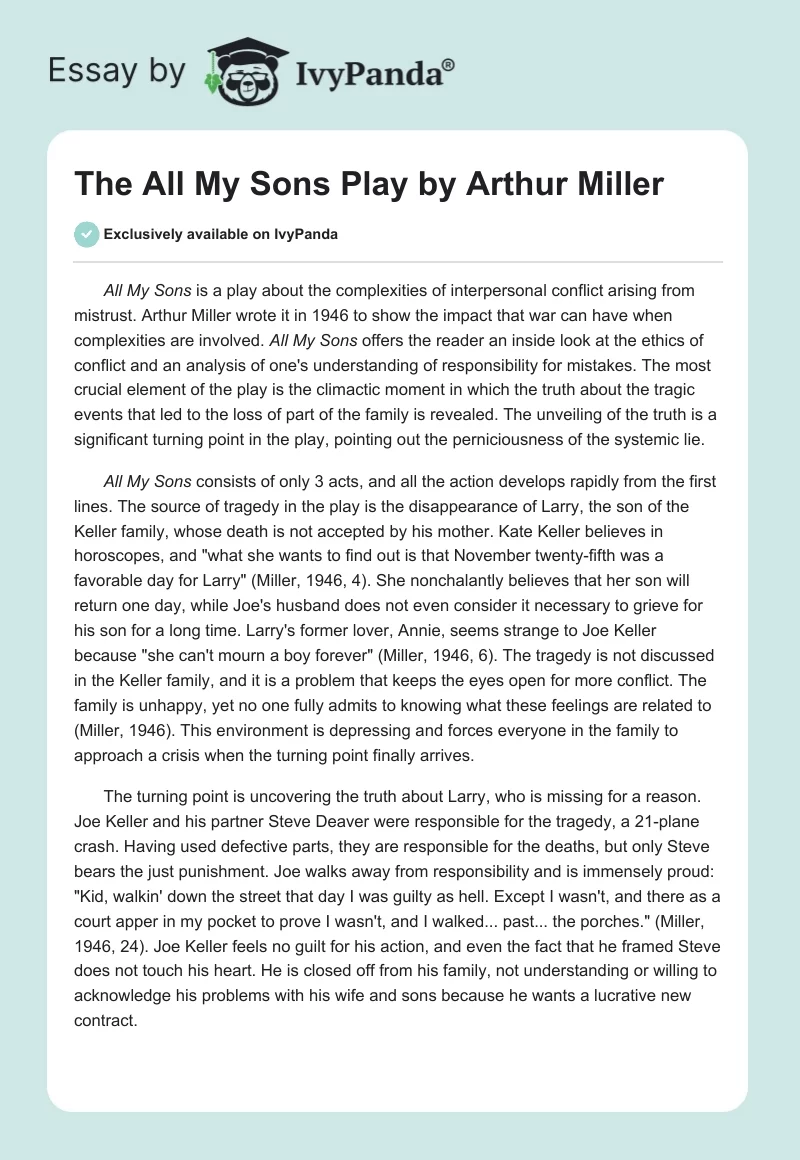 The "All My Sons" Play by Arthur Miller. Page 1