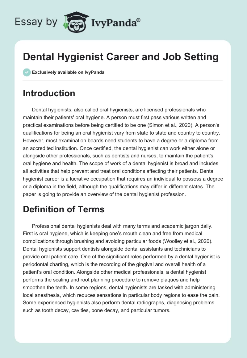 Dental Hygienist Career and Job Setting. Page 1