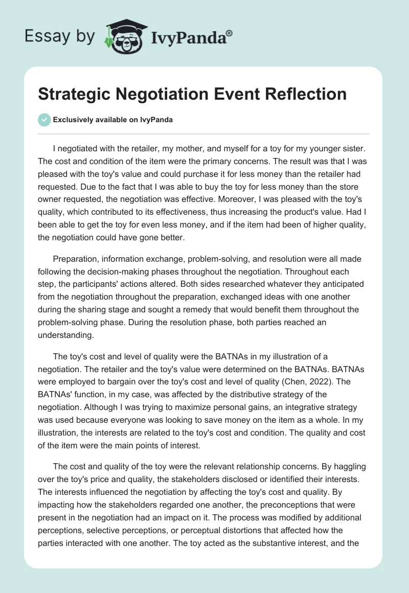 Strategic Negotiation Event Reflection. Page 1