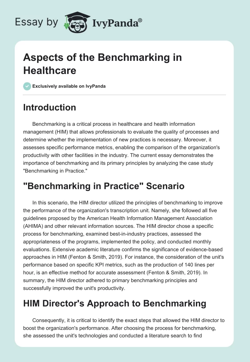 Aspects of the Benchmarking in Healthcare. Page 1