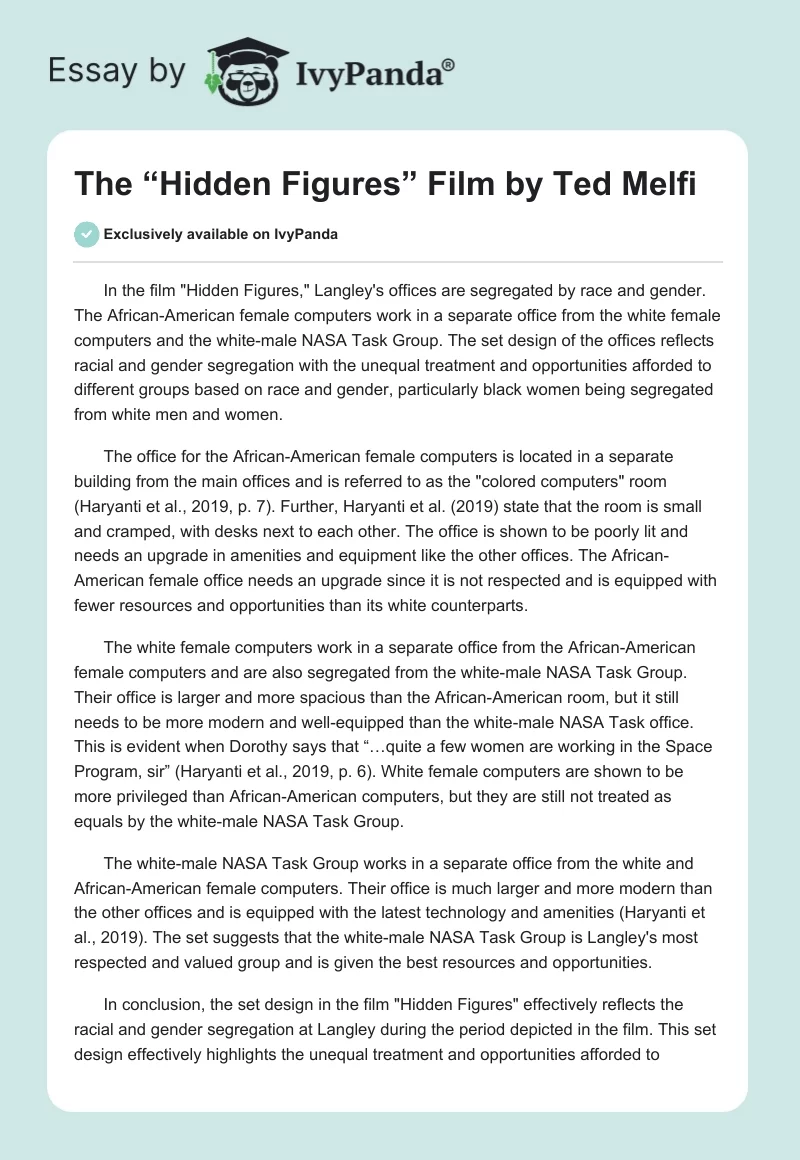 The “Hidden Figures” Film by Ted Melfi. Page 1