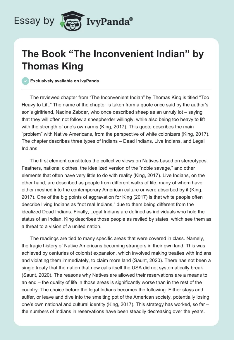 The Book “The Inconvenient Indian” by Thomas King. Page 1