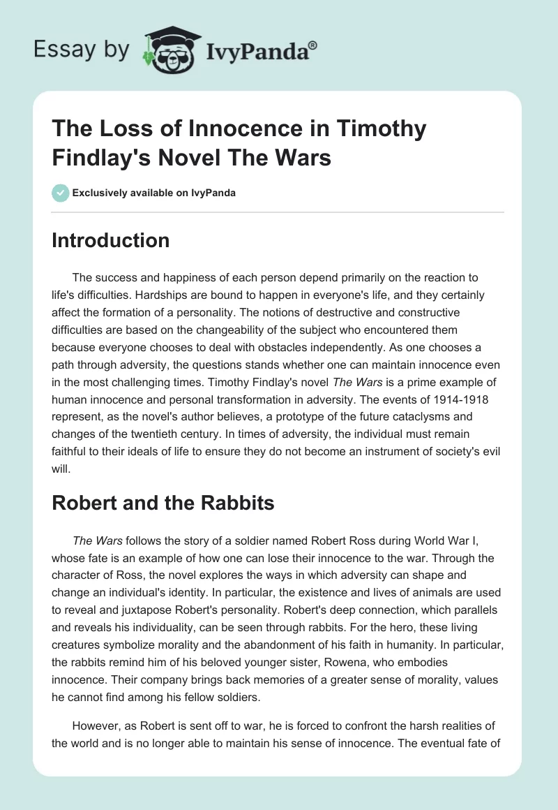 The Loss of Innocence in Timothy Findlay's Novel "The Wars". Page 1
