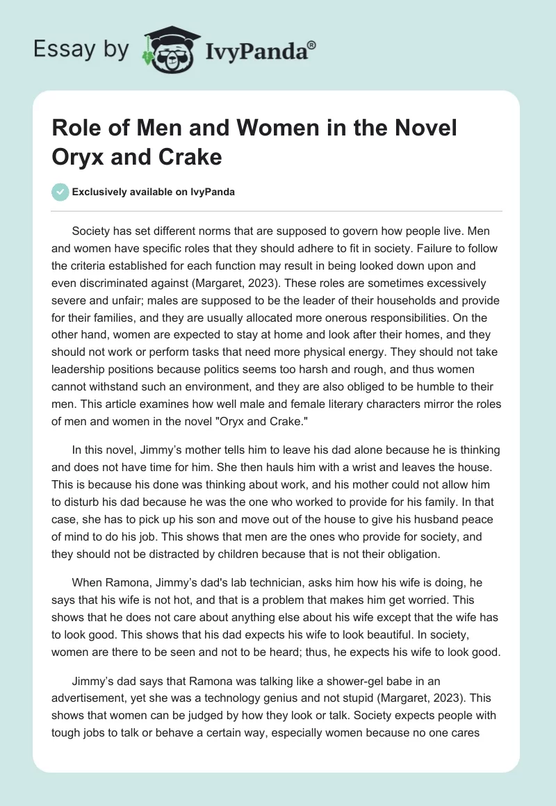 Role of Men and Women in the Novel "Oryx and Crake". Page 1