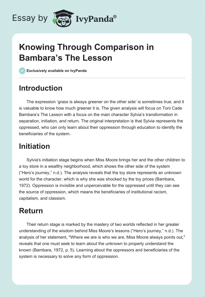 Knowing Through Comparison in Bambara’s The Lesson. Page 1