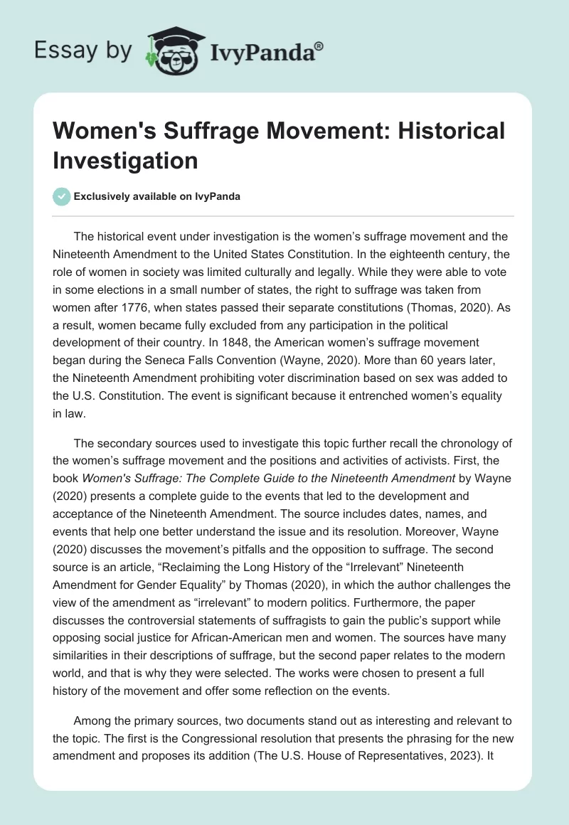 Women's Suffrage Movement: Historical Investigation. Page 1