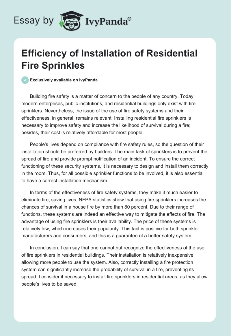 Efficiency of Installation of Residential Fire Sprinkles. Page 1