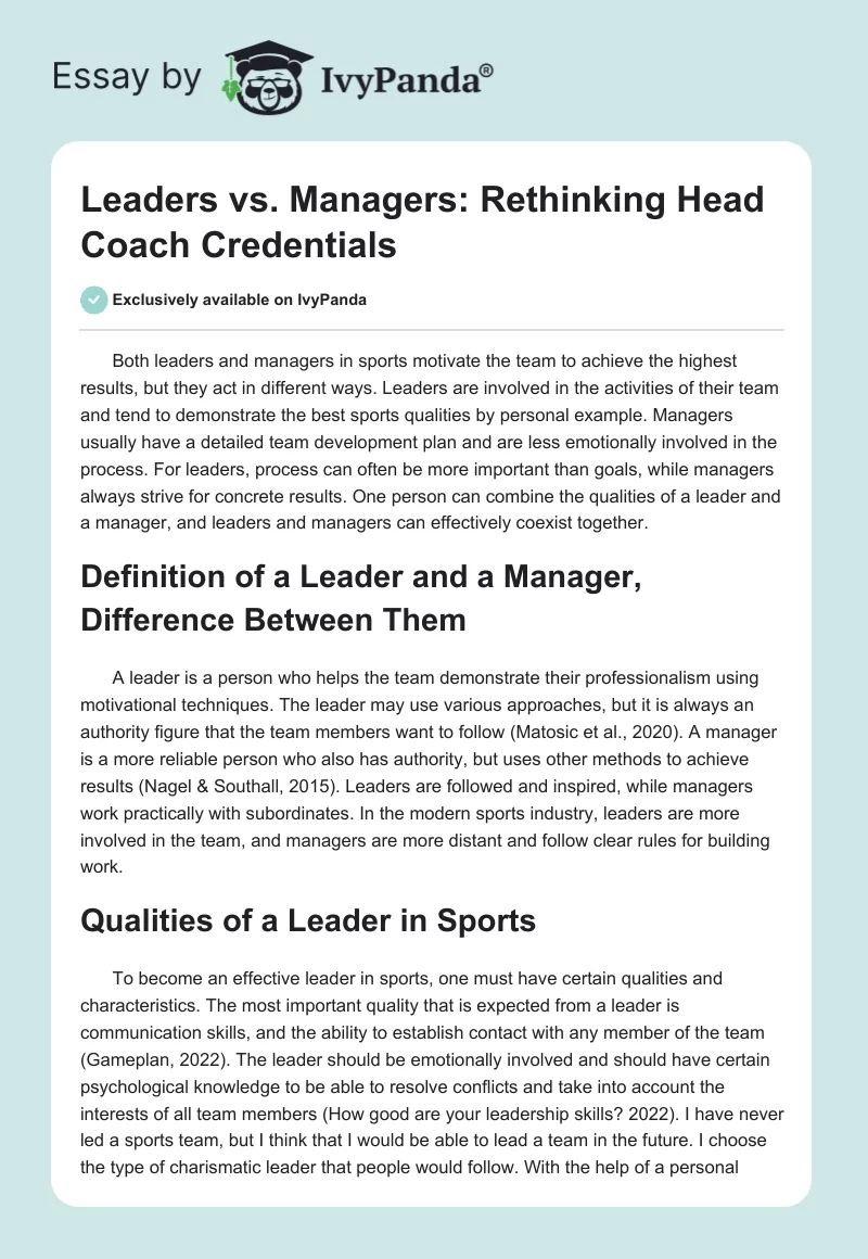 Leaders vs. Managers: Rethinking Head Coach Credentials. Page 1