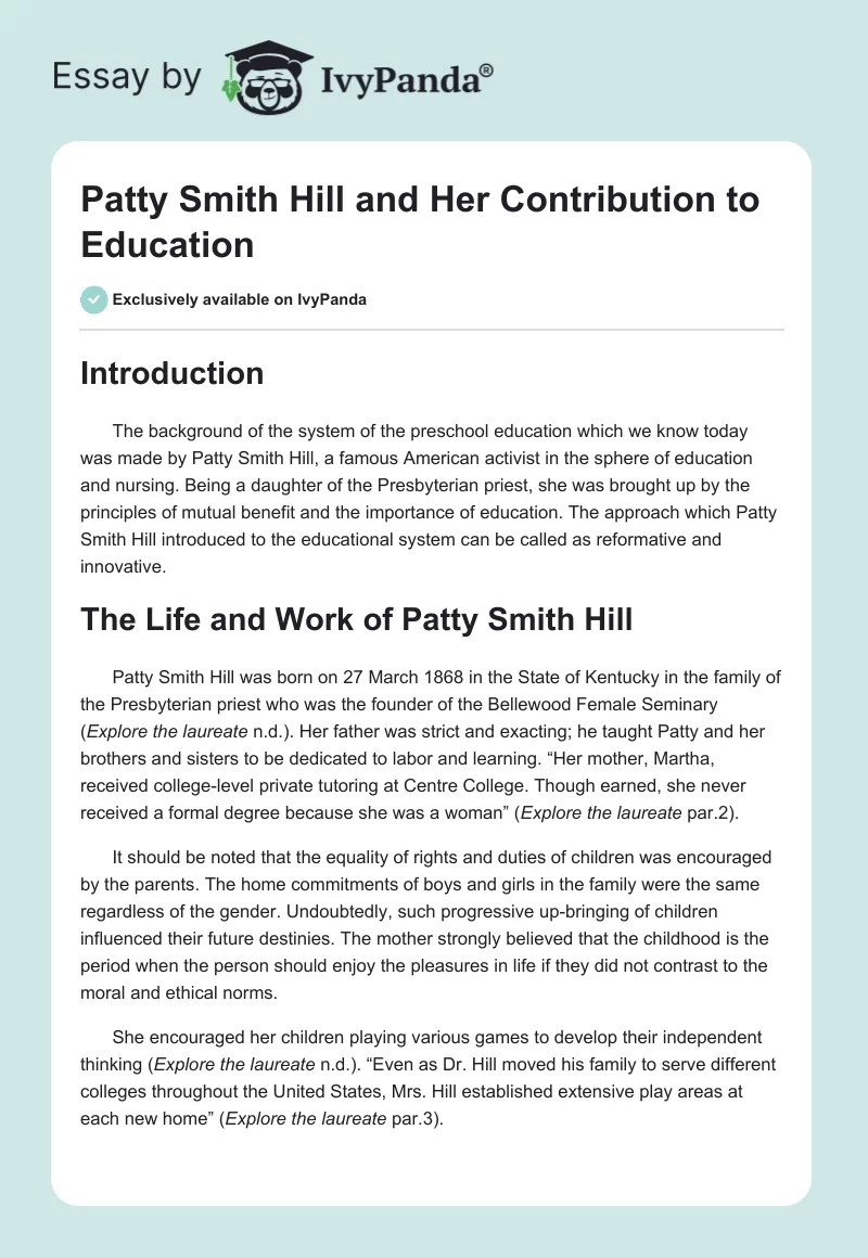 Patty Smith Hill and Her Contribution to Education. Page 1