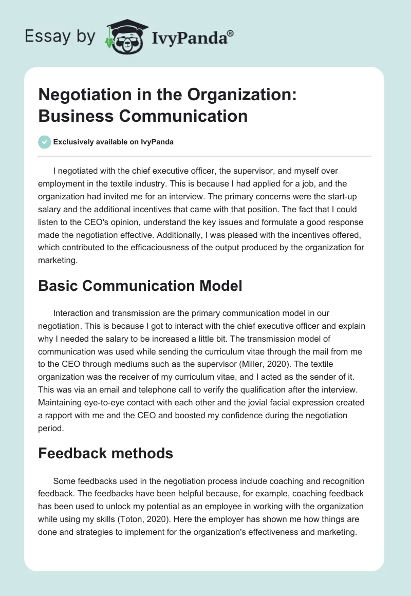 Negotiation in the Organization: Business Communication. Page 1