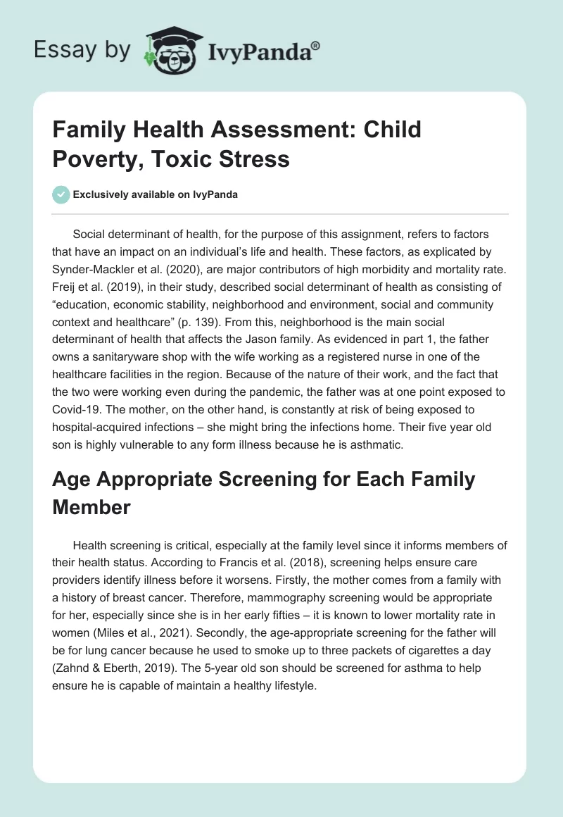 Family Health Assessment: Child Poverty, Toxic Stress. Page 1