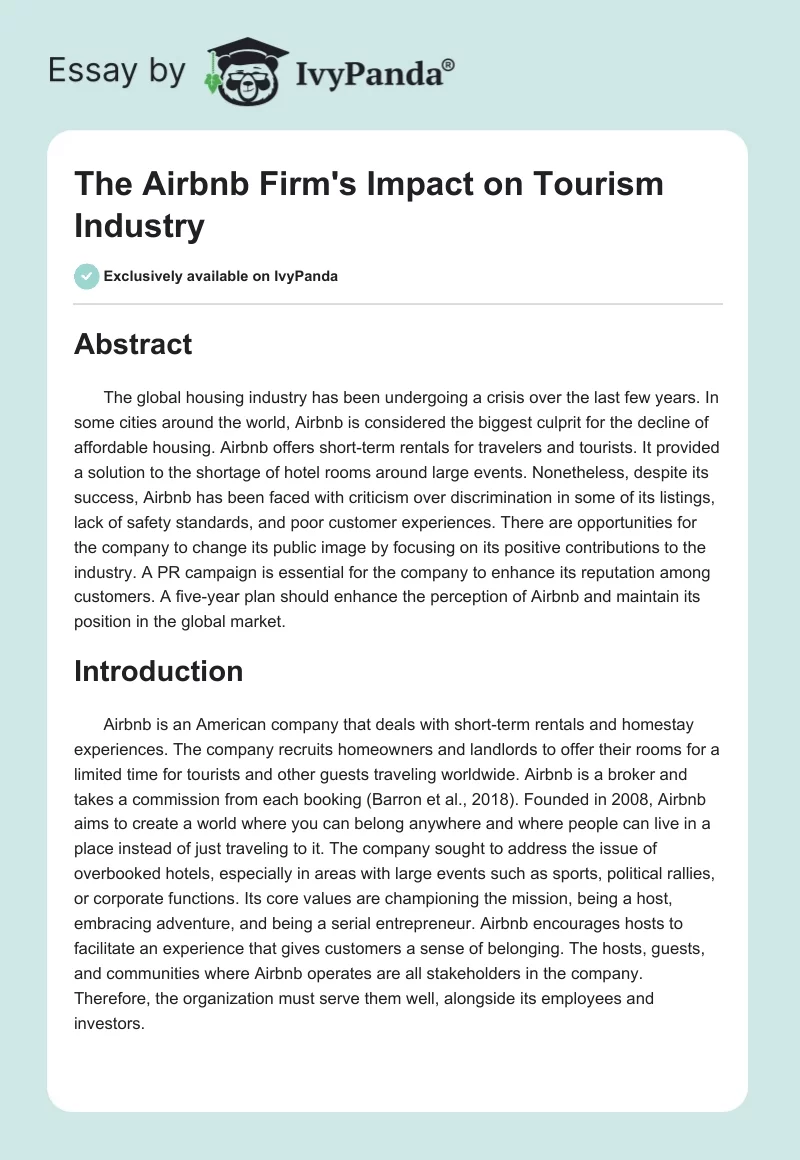 The Airbnb Firm's Impact on Tourism Industry. Page 1