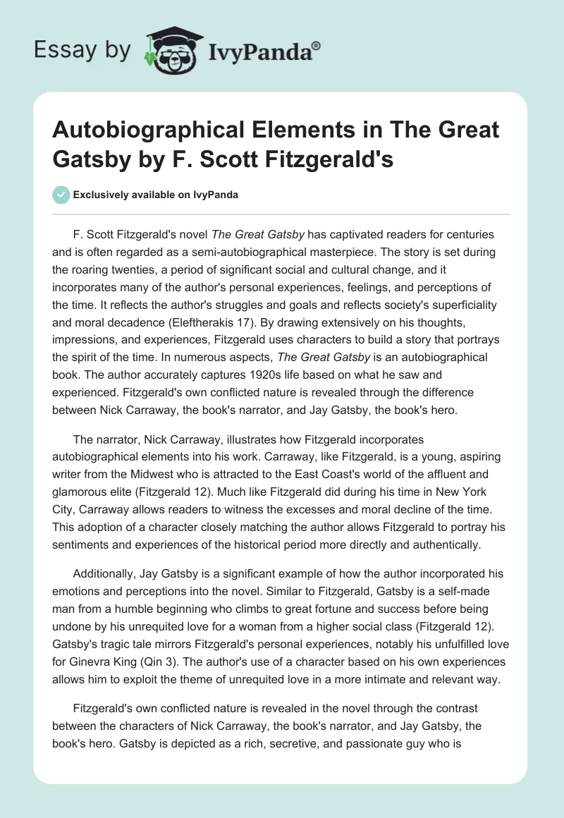 Autobiographical Elements in "The Great Gatsby" by F. Scott Fitzgerald's. Page 1