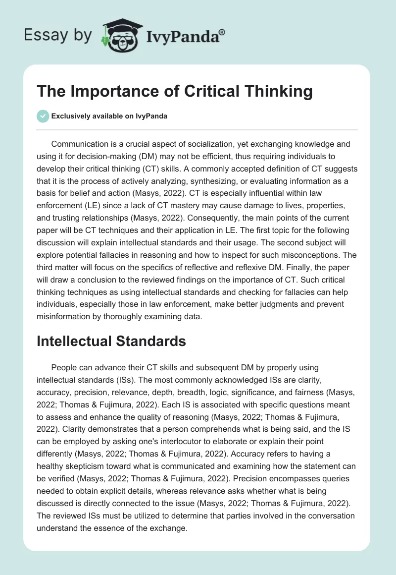 The Importance of Critical Thinking. Page 1
