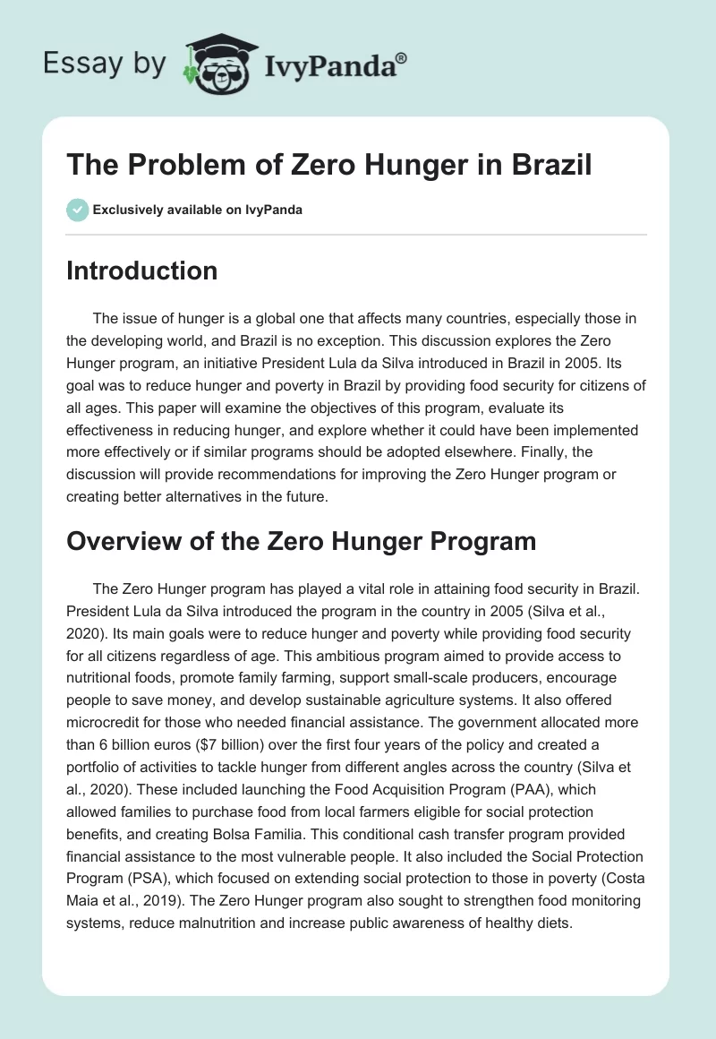 The Problem of Zero Hunger in Brazil - 2253 Words