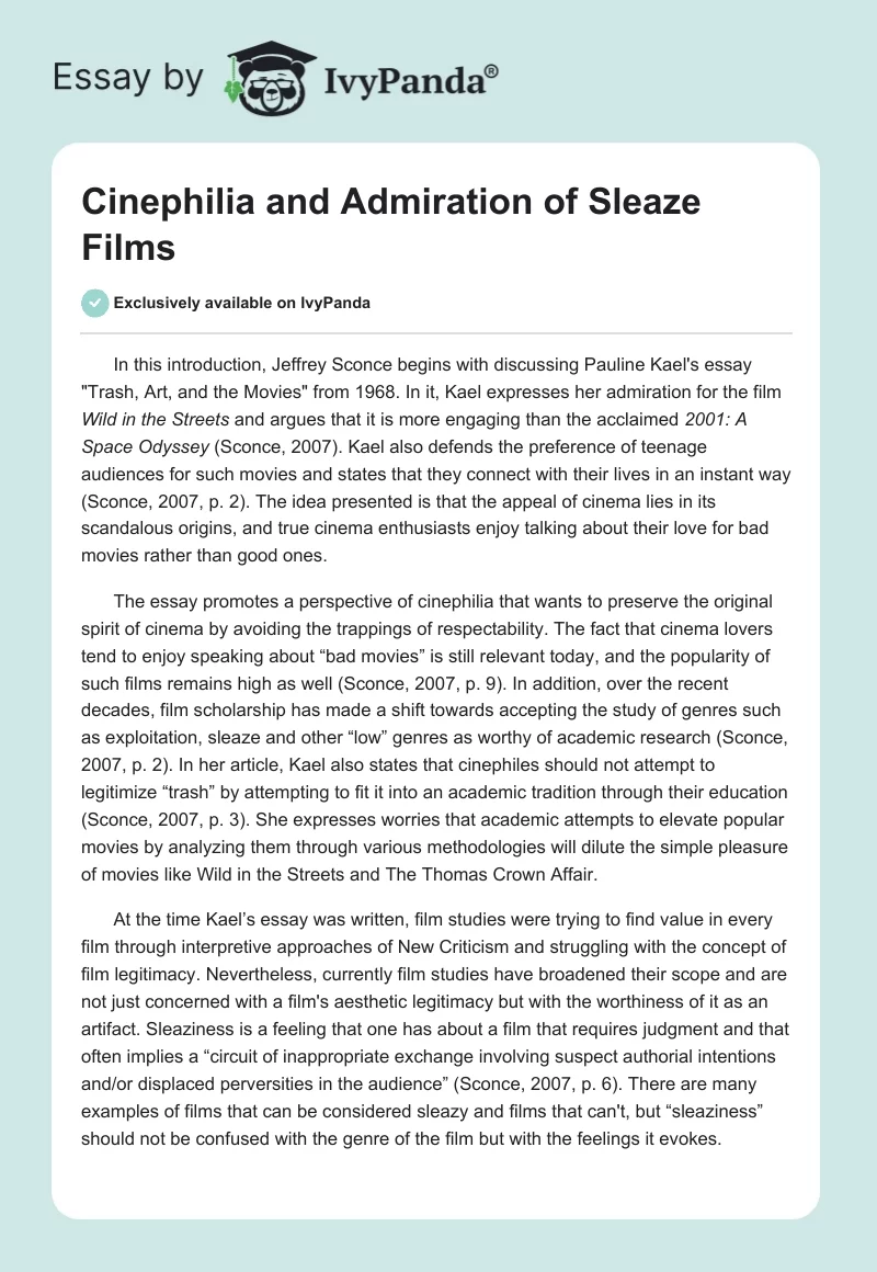 Cinephilia and Admiration of Sleaze Films. Page 1