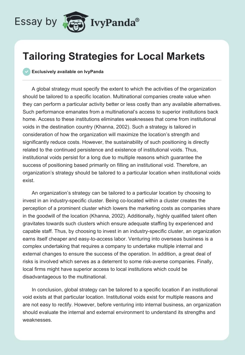 Tailoring Strategies for Local Markets. Page 1