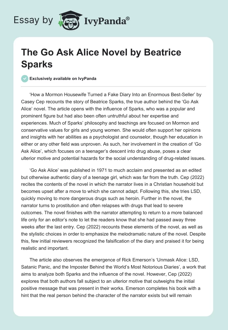 The "Go Ask Alice" Novel by Beatrice Sparks. Page 1