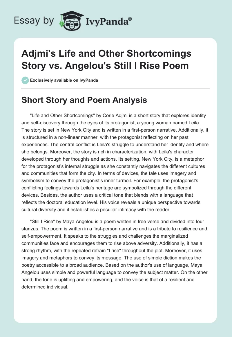 Adjmi's Life and Other Shortcomings Story vs. Angelou's Still I Rise Poem. Page 1