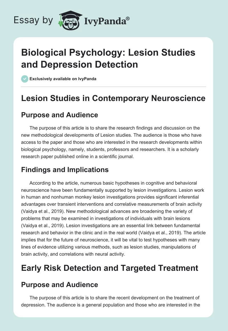 Biological Psychology: Lesion Studies and Depression Detection. Page 1