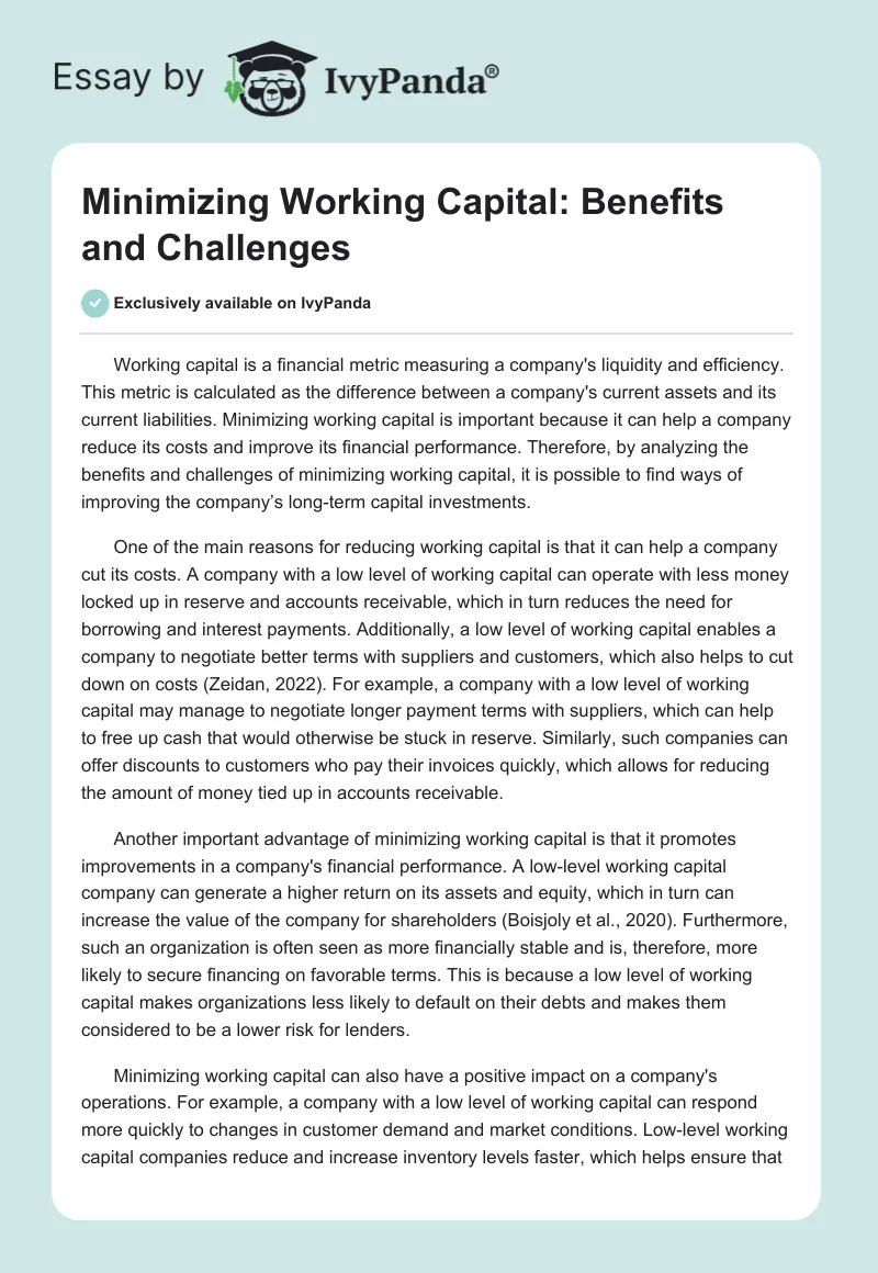 Minimizing Working Capital: Benefits and Challenges. Page 1