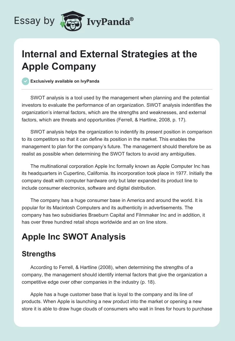 Internal and External Strategies at the Apple Company. Page 1