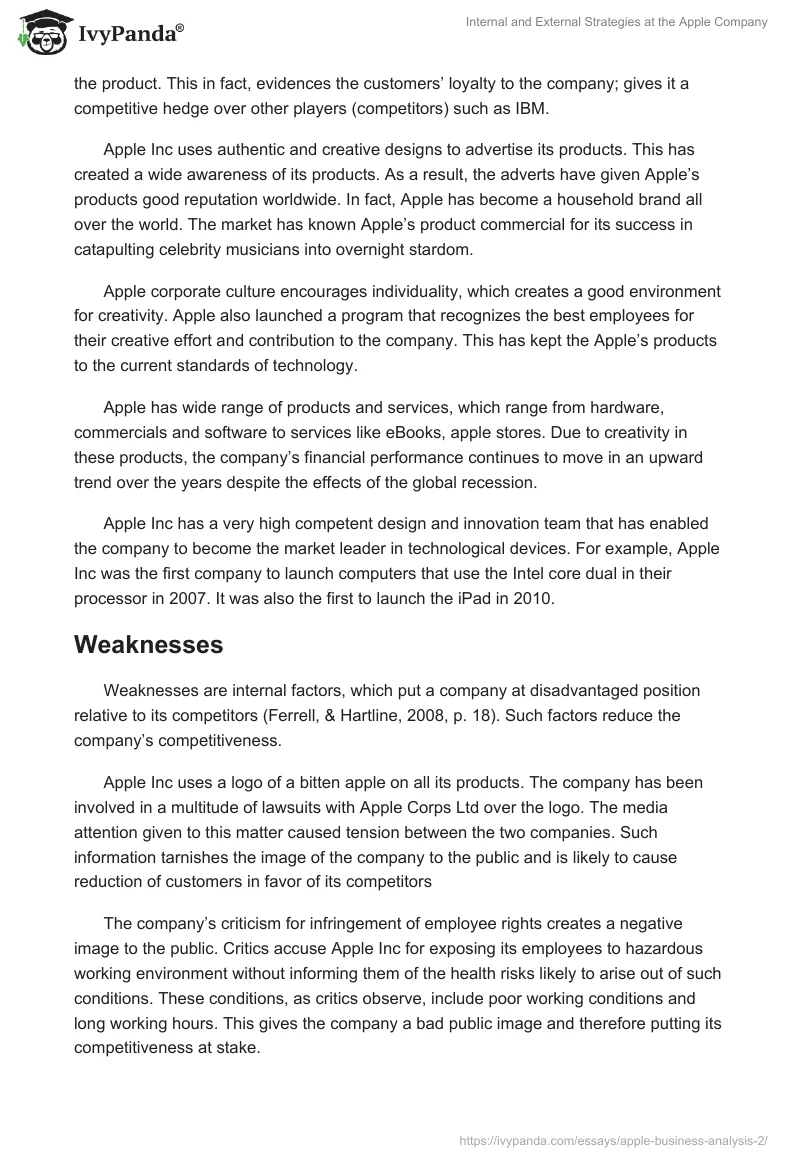 Internal and External Strategies at the Apple Company. Page 2