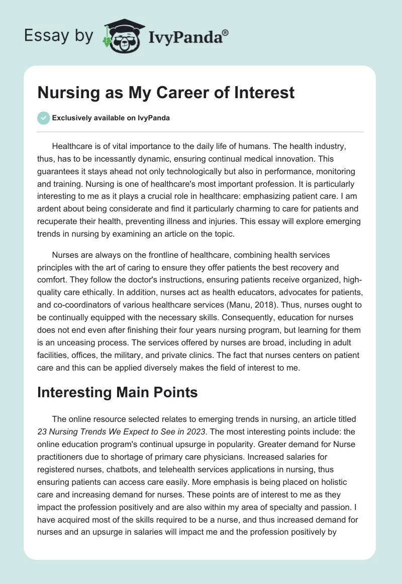 Nursing as My Career of Interest. Page 1