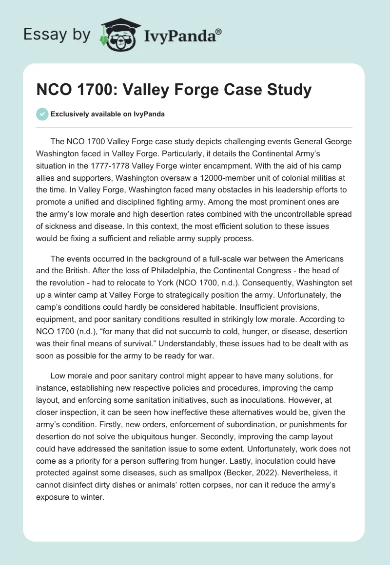 NCO 1700: Valley Forge Case Study. Page 1