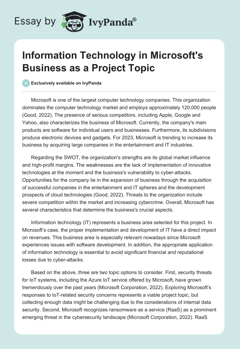 Information Technology in Microsoft's Business as a Project Topic. Page 1