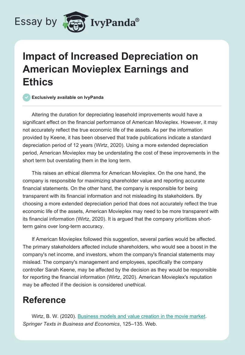 Impact of Increased Depreciation on American Movieplex Earnings and Ethics. Page 1