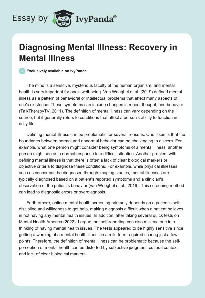 Diagnosing Mental Illness: Recovery in Mental Illness. Page 1