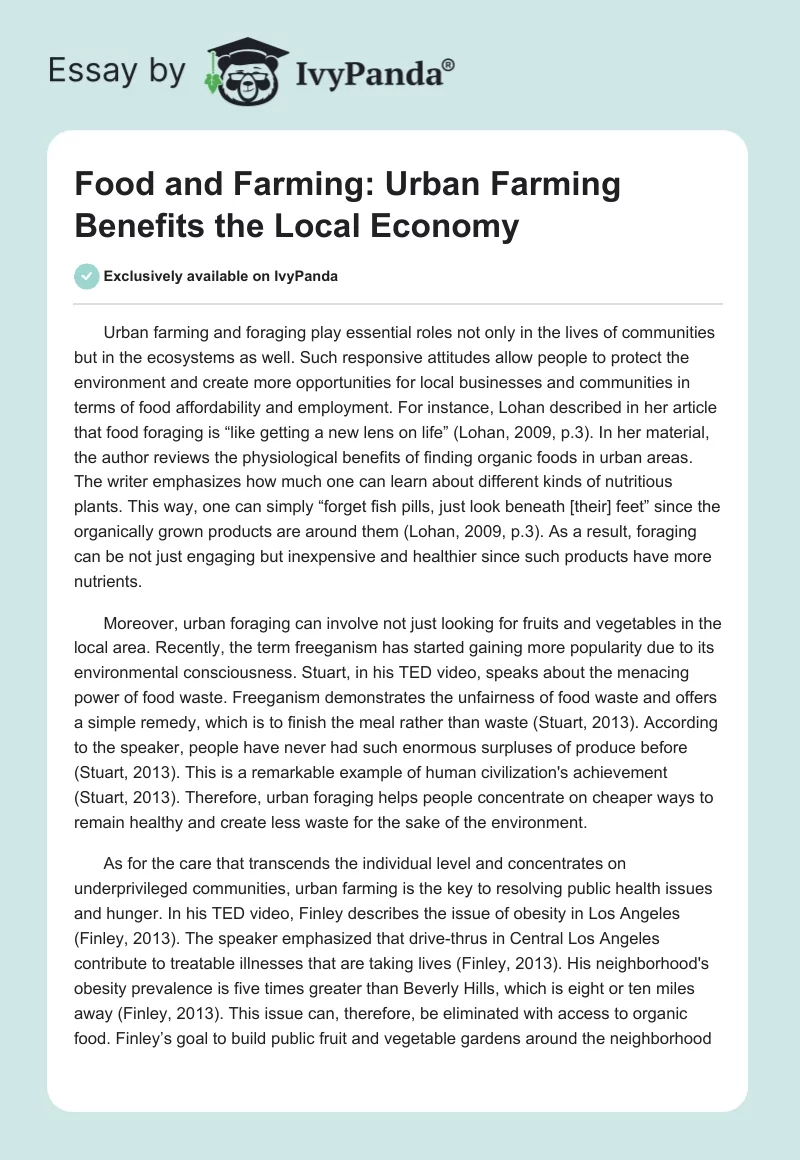 Food and Farming: Urban Farming Benefits the Local Economy. Page 1
