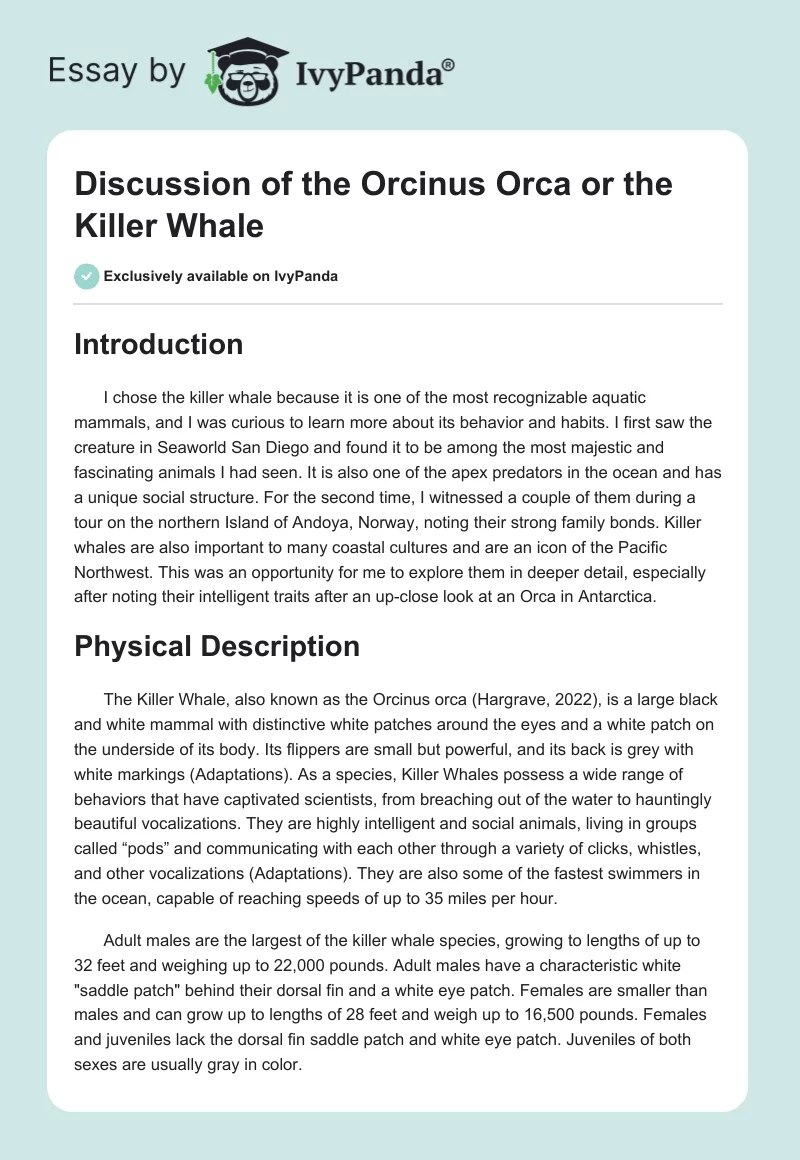 Discussion of the Orcinus Orca or the Killer Whale. Page 1