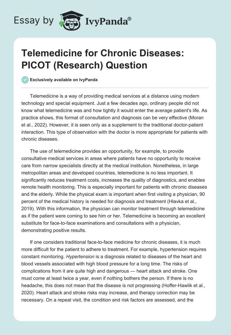 Telemedicine for Chronic Diseases: PICOT (Research) Question. Page 1